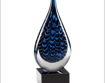 Art Glass Teardrop Black and Blue Executive Business Award 9" tall - Engraved Base - Colorful Glass Sculpture