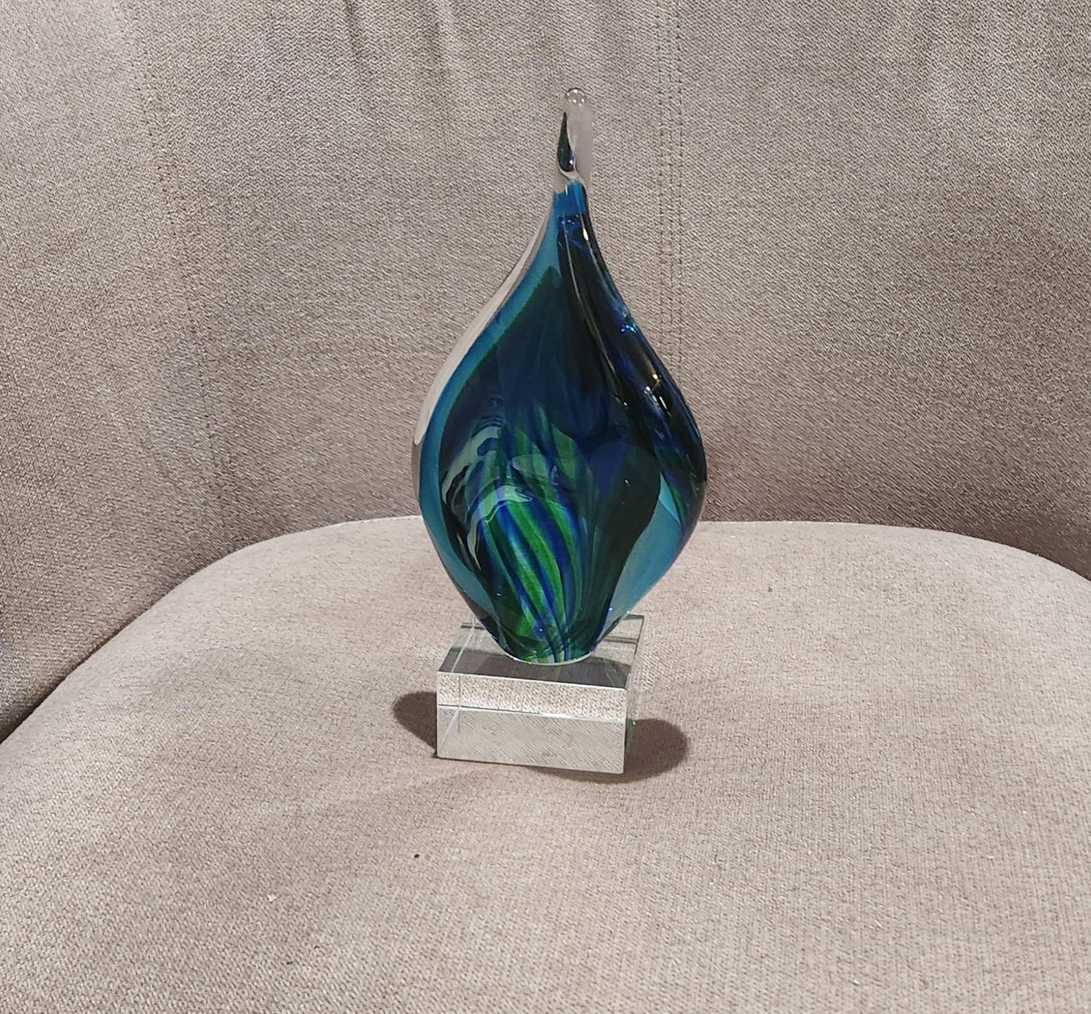 Blue Green Twist Art Glass Flame Sculpture