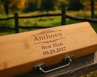 Personalized BBQ Grill Tool Set – Bamboo Case, Custom Engraved Gift for Dad