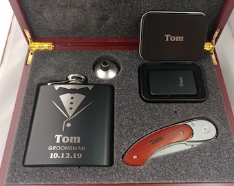 Personalized Groomsmen Essentials Gift Box Set – Custom Flask, Knife, Lighter & Keepsake Box – Best Man Gift Idea – Individual or Full Set