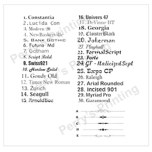 May include: A white background displays a list of 30 different font styles, numbered 1 through 30. Each font name is written in its respective style. Below the font list are five decorative line designs, labeled A through E.