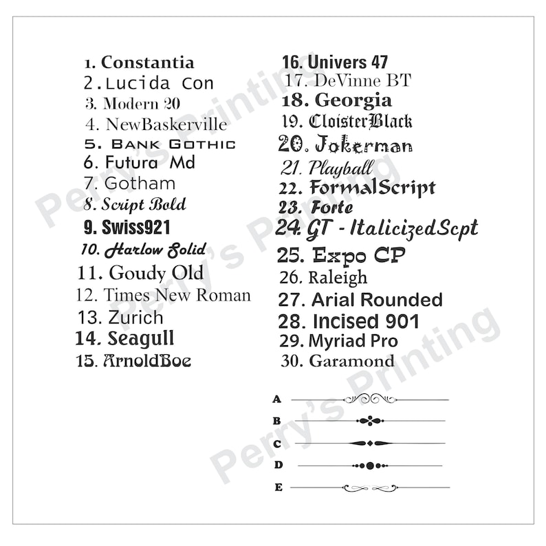 May include: A white background displays a list of 30 different font styles, numbered 1 through 30. Each font name is written in its respective style. Below the font list are five decorative line designs, labeled A through E.