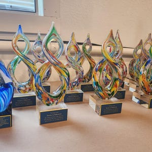 Helix Shaped Art Glass Award Multicolor Trophy – Custom Engraved Base – Handcrafted Sculpture for Recognition or Retirement - Laser Engraved
