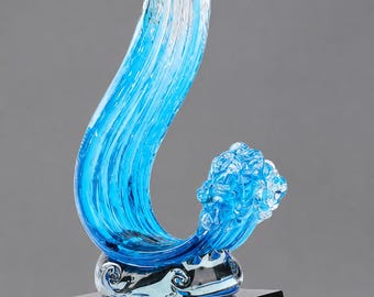Art Glass Blue Wave 11-3/4" tall Executive Business Award - Engraved Base - Colorful Glass Sculpture