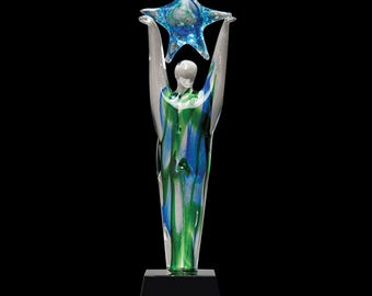 Star Achiever Art Glass Award Sculpture – Swirl Colors, Black Base, Executive Recognition