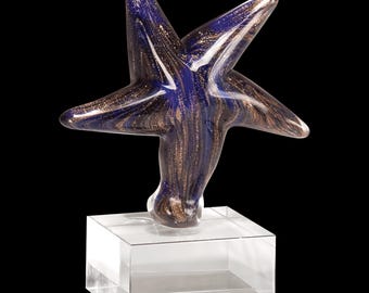 Blue Star Art Glass Award – Gold Highlights, Clear Base Sculpture
