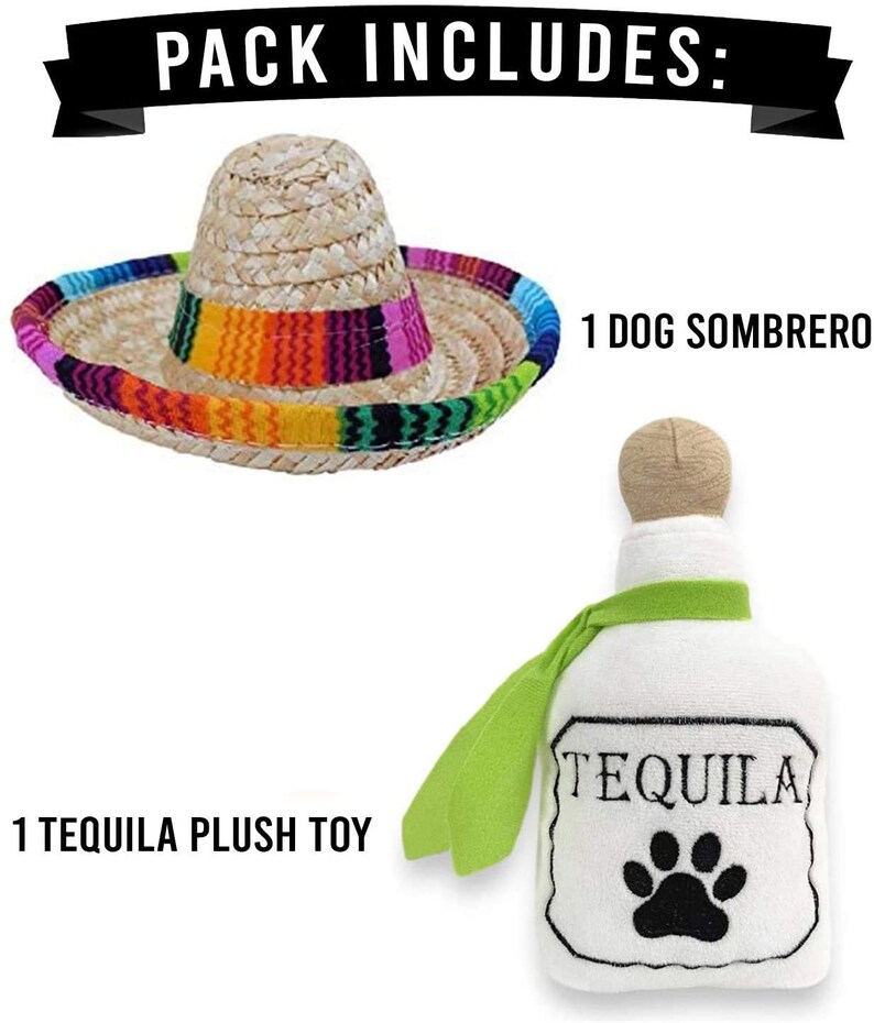 Op de afbeelding: Een set van twee hondenspeelgoed, een strooien sombrero en een pluche tequilafles. De sombrero is veelkleurig met een regenboogpatroon. De tequilafles is wit met een groene sjaal en het woord "Tequila" erop gedrukt.