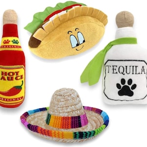 4 Pack Fiesta Dog Chew Toys and Sombrero - Mexican Squeak Plush Toys - Dog Gifts for Chihuahuas - Taco - Tequila - Hot Sauce