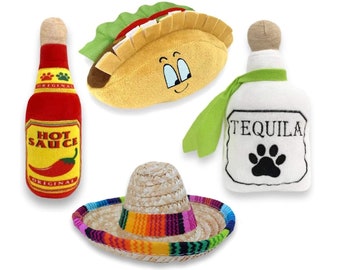 4 Pack Fiesta Dog Chew Toys and Sombrero - Mexican Squeak Plush Toys - Dog Gifts for Chihuahuas - Taco - Tequila - Hot Sauce