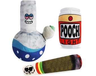 3 Pack Mellow Vibes Dog Plush Chew Toys - Funny Dog Beer and Weed Squeak Toys - Dog Gifts - Joint - Blunt - Marijuana – Pooch Light – Bong