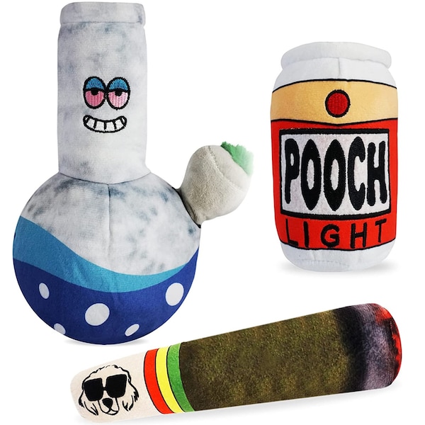 3 Pack Mellow Vibes Dog Plush Chew Toys - Funny Dog Beer and Weed Squeak Toys - Dog Gifts - Joint - Blunt - Marijuana – Pooch Light – Bong