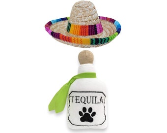 Dog Sombrero and Tequila Plush Toy Pack - Funny Dog Costume and Chew Squeak Toy - Chihuahua Clothes - Mexican Party Decorations