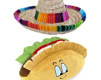Dog Sombrero and Taco Plush Toy Pack - Funny Dog Costume and Chew Squeak Toy - Chihuahua Clothes - Mexican Party Decorations