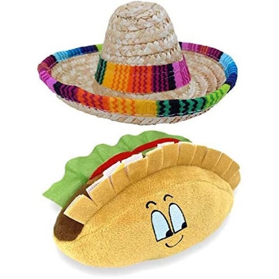Dog Sombrero and Taco Plush Toy Pack - Funny Dog Costume and Chew Squeak Toy - Chihuahua Clothes - Mexican Party Decorations