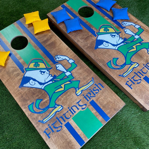 Fighting Irish Retro Stained, Customized, Personalized, Hand Painted, Custom Sports, Baggo Cornhole Boards