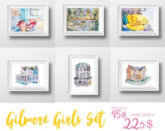 Wall Art Gilmore Girls Watercolor Prints Set,Sale,Sitcom,Gilmore girls,Lorelai and Rory,Tv Show Poster,Luke's Diner,Gilmores,Watercolor Cafe