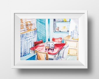 Wall Art Watercolor Luke's Diner Interior Print,Gilmore girls,Lorelai and Rory,Tv Show Poster,Luke's Diner,Gilmores,WatercoloCafe,Luke Danes