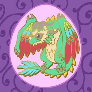 May include: A green and gold dragon with red and blue feathers on its wings. The dragon is in a curled up position with its tail wrapped around its body. The dragon is on a pink background.