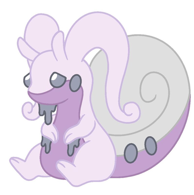 May include: A cartoon illustration of a light purple snail-like creature with a gray shell. The creature has large, curved antennae, gray eyes, and a purple body with gray drool. The shell has a spiral design.