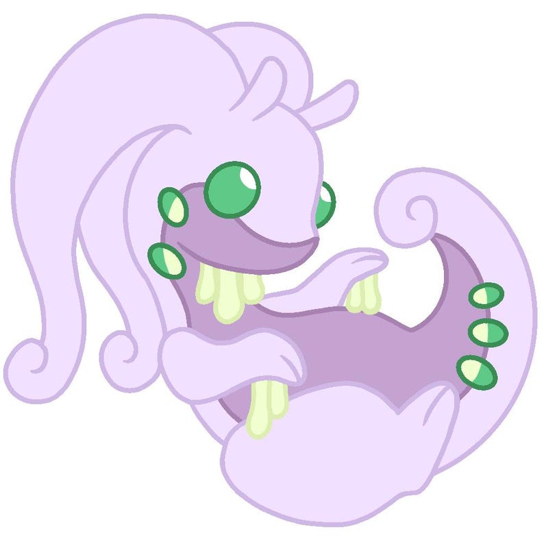 May include: A cartoon illustration of a lavender creature with green eyes and accents. The creature has a long, flowing tail and is depicted with a light green, slimy substance dripping from its mouth and body.