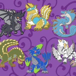 May include: Set of ten enamel pins featuring different monster designs. The pins are colorful and feature a variety of monsters, including a black dragon, a blue dragon, a green dinosaur, a white dragon, and a yellow dragon.