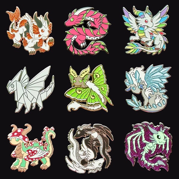 Original Dragon Pins Set 2 - Koi - Dwagon Fruit - Pastel Rainbow - Origami - Papillon de nuit - Givre - Champignon - Yin Yang - Fantôme - Émail