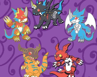 Digimon Pins - Flamedramon Pin - Exveemon Pin - Raidramon Pin - Guilmon Pin - Greymon Pin - Enamel Pins - Dragon Pins - Glitter Pins