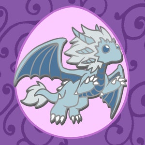 May include: A blue and white dragon with wings outstretched, in a cartoon style. The dragon has a white body and blue wings and tail. The dragon is in a flying pose.