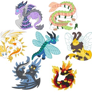 May include: A collection of cartoon dragons in various colors and styles. One dragon is purple and gray, another is white and gold, and a third is blue with dragonfly wings. Other dragons include a bee-dragon and a fire-themed dragon.