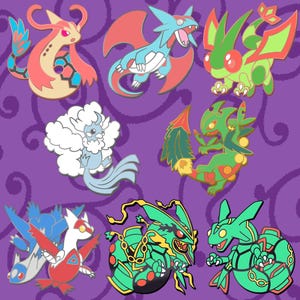 May include: Set of 10 enamel pins featuring various Pokemon characters. The pins are colorful and feature a variety of designs, including a pink and blue dragon, a green and yellow dragon, a blue and white cloud creature, and a green and black creature with chains.