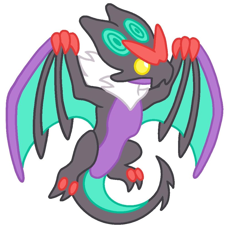 May include: A cartoon illustration of a dragon with a dark gray body, purple belly, and teal wings with purple edges. The dragon has red claws and a red horn, with hypnotic green and white eyes.