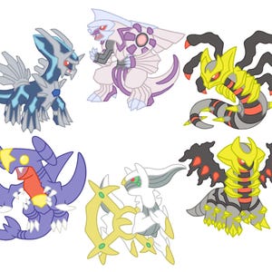 May include: A collection of six cartoon-style Pokémon characters. The characters include a blue and silver dragon-like creature, a purple and white creature, a yellow and black serpentine creature, a purple and yellow creature, a white and gold creature, and a yellow and gray creature.