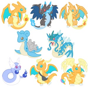 Pokemon Rote und Blaue Drachen Aufkleber - Generation I - Glurak - Dragonair - Dragonite - Lapras - Gyarados - Flygon - Salamence - Milotik