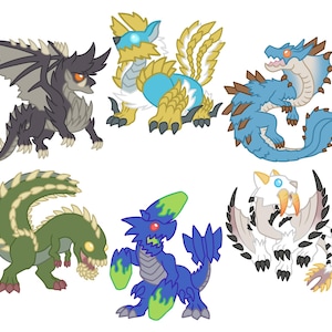 May include: A collection of six cartoon-style dragon illustrations. The dragons feature various colors, including blue, green, gray, and white, with detailed scales, wings, and horns. Each dragon has a unique design and pose, suitable for stickers or prints.