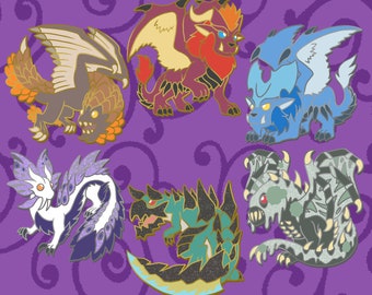 PREORDER Monster Hunter Pins - Bazelguese - Teostra - Lunastra - Violet Mizutsune - Acidic Glavenus - Black Veil Vaal Hazak - Glitter Pins