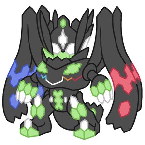 May include: Illustration of a stylized creature with a black body, green accents, and large wing-like appendages. The creature has a geometric design with blue, red, and white details, set against a white background.