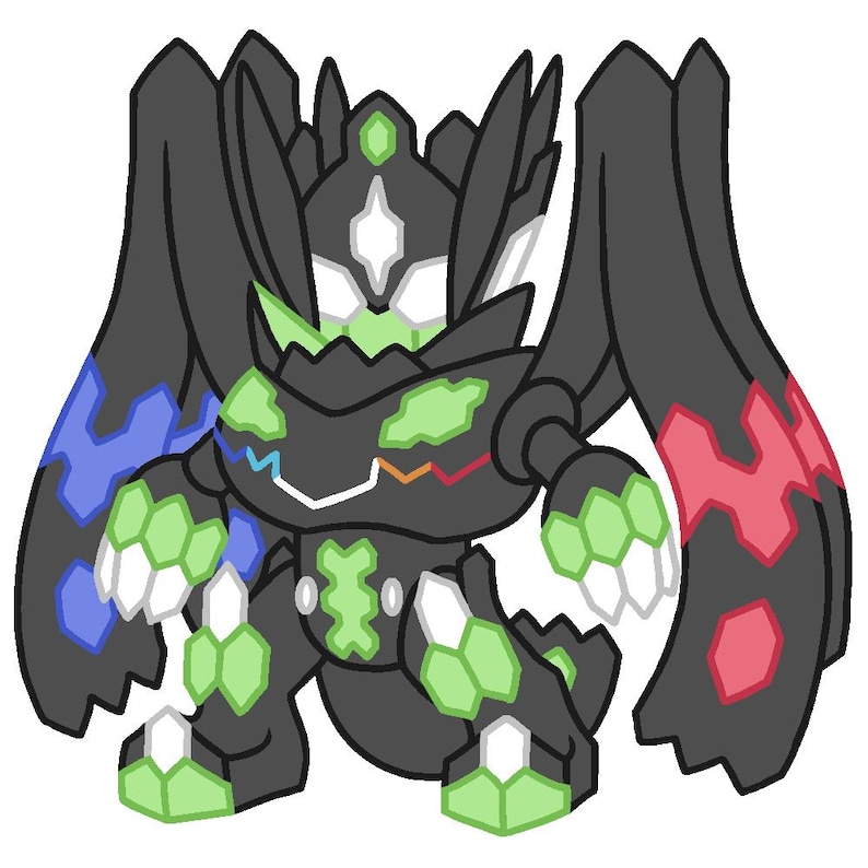 May include: Illustration of a stylized creature with a black body, green accents, and large wing-like appendages. The creature has a geometric design with blue, red, and white details, set against a white background.