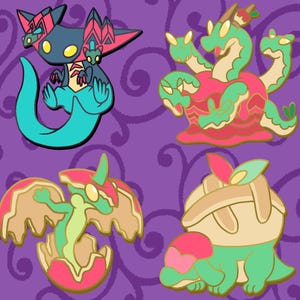 Puede incluir: Cuatro pines de esmalte con dragones de dibujos animados en varias poses. Los dragones son verdes, rosas y dorados con detalles rojos. Los pines son perfectos para agregar un toque de fantasía a tu mochila, chaqueta o sombrero.