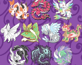 PREORDER Original Dragon Pins Set 2 - Koi - Dwagon Fruit - Pastel Rainbow - Origami - Moth - Frost - Mushroom - Yin Yang - Ghost - Enamel