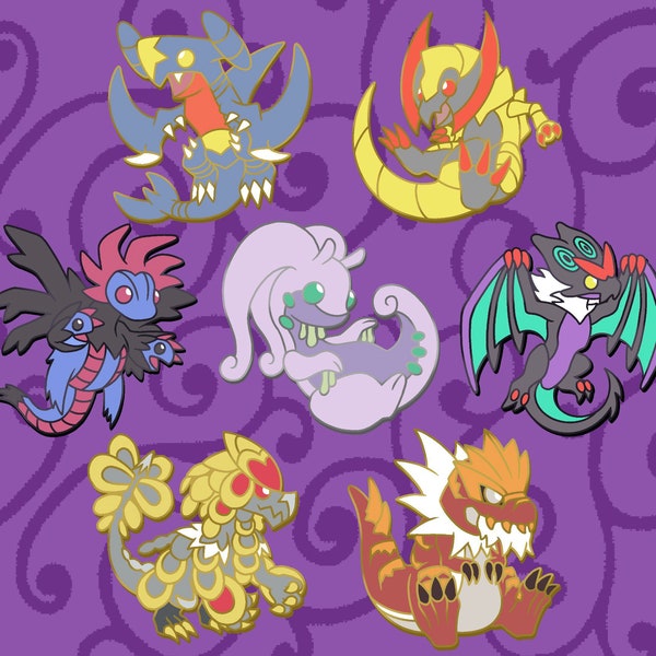 Pokemon Generations 4-7 Pins - Garchomp - Haxorus - Hydreigon - Goodra - Noivern - Kommo-o - Tyrantrum - Pokemon Enamel Pin - Pokemon Pins