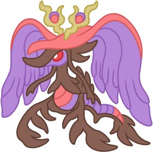May include: A cartoon illustration of a creature with a brown body, red eyes, and purple wings. The creature has a pink and red hat with gold accents. The overall design is whimsical and colorful.