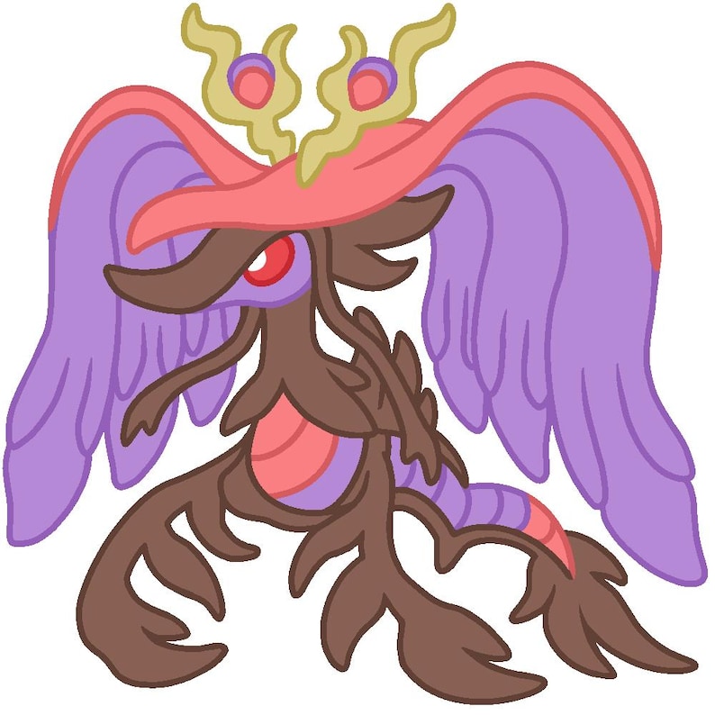 May include: A cartoon illustration of a creature with a brown body, red eyes, and purple wings. The creature has a pink and red hat with gold accents. The overall design is whimsical and colorful.