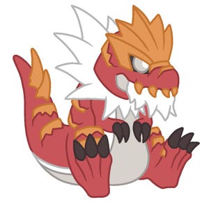 May include: A cartoon illustration of a red and orange dinosaur-like creature with white accents. The creature has sharp claws, a spiky head crest, and a white frill around its neck. It is sitting down with its arms and legs bent.