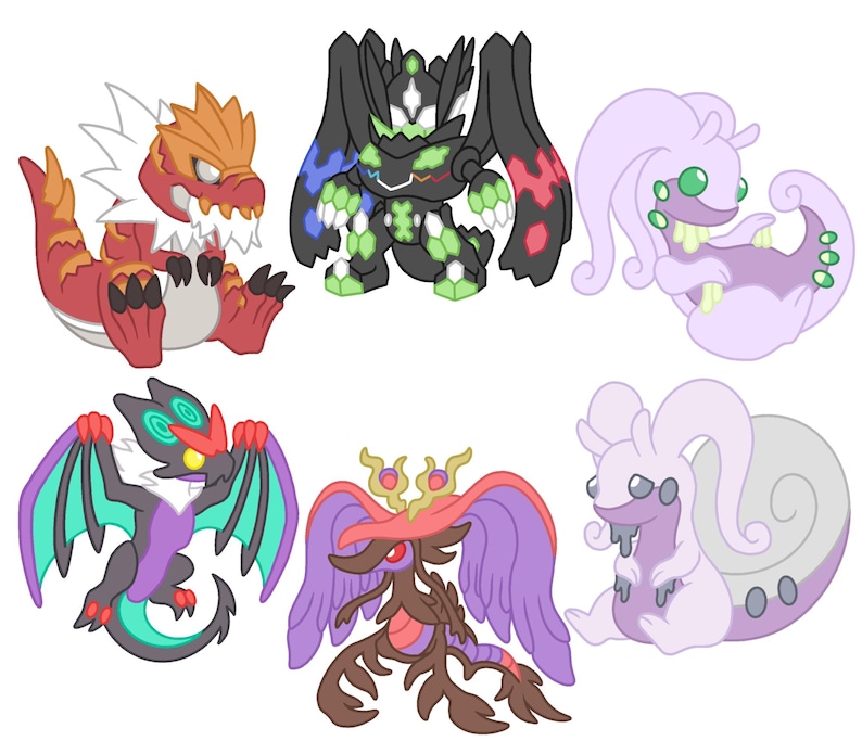 May include: A collection of six cartoon-style creatures in various colors. The creatures include a red and orange dragon, a black and green robot-like figure, a purple slug, a purple and teal bat-like creature, a brown and purple insect-like figure, and a purple snail.