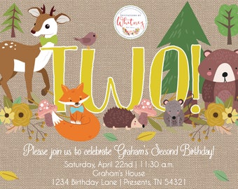 Woodland Invitation, Forest Animals Birthday Invitation, Second Birthday Invitation, Deer Invitation, Animal Invitation, Birthday Invitation