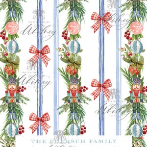 May include: A festive pattern featuring watercolor illustrations of nutcrackers, Christmas ornaments, and red gingham bows. Vertical blue stripes alternate with the decorative elements on a white background. The text "Invitations by Whitney" is also present.