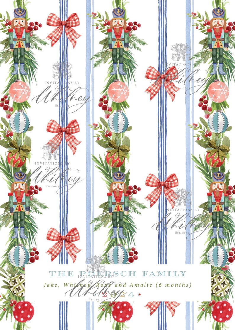 May include: A festive pattern featuring watercolor illustrations of nutcrackers, Christmas ornaments, and red gingham bows. Vertical blue stripes alternate with the decorative elements on a white background. The text "Invitations by Whitney" is also present.