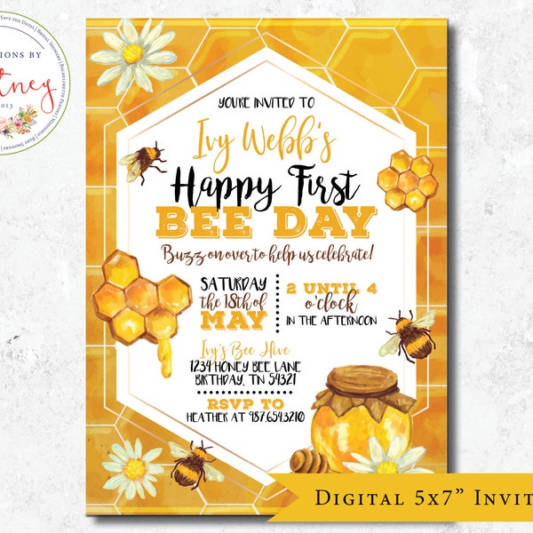 Bee 1st Birthday Invitation, Bee First Birthday Invitation, Bee Birthday Invitation, Honey Bee Invitation, Honey, 1st Birthday, Bee Party