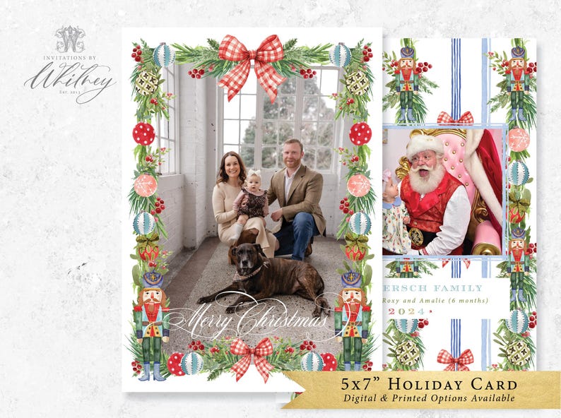 May include: A 5x7 inch holiday card with a family photo and a photo with Santa Claus. The card is decorated with a watercolor Christmas theme, including a red and white plaid bow, ornaments, and greenery. The words "Merry Christmas" are written on the card.