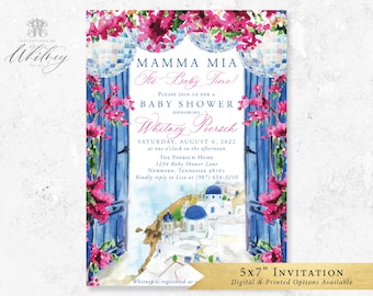 Invitación para baby shower Mamma Mia, invitación Mamma Mia, invitación de Grecia, baby shower Mamma Mia, costa de Amalfi, bolas de discoteca, Mamma Mia